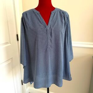 NYDJ black 3/4 sleeve top with split neckline and back pleats